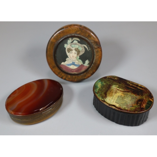 144 - Group of three 19th century boxes/snuff boxes to include: oval agate and brass hinged box, 6cm long ... 