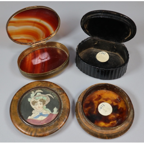 144 - Group of three 19th century boxes/snuff boxes to include: oval agate and brass hinged box, 6cm long ... 