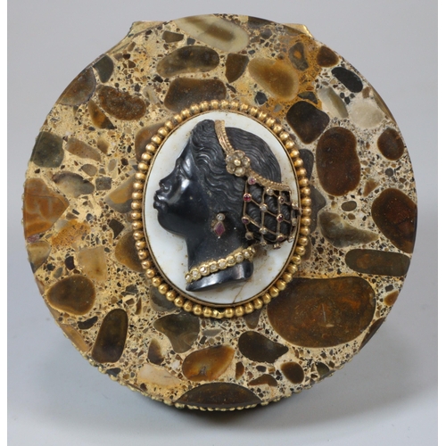 147 - Unusual 19th central, probably French ladies' polished 'Pudding Stone' trinket box with female Black... 