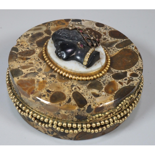 147 - Unusual 19th central, probably French ladies' polished 'Pudding Stone' trinket box with female Black... 