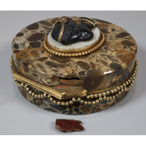 147 - Unusual 19th central, probably French ladies' polished 'Pudding Stone' trinket box with female Black... 