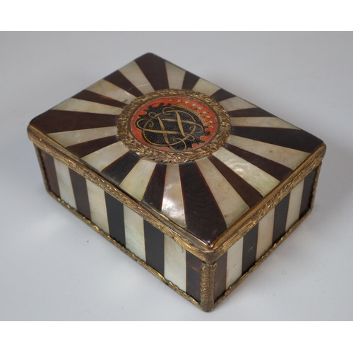 148 - French 18th century Louis XVI style hinged tortoiseshell box with sunburst mother of pearl inlaid de... 