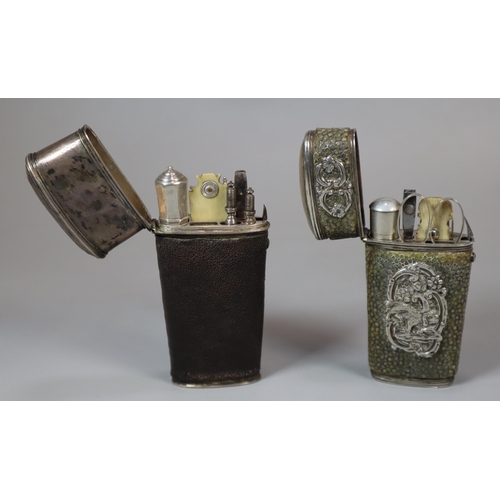 149 - Two early 19th century white metal and shagreen etui sets, both with assorted implements to the inte... 