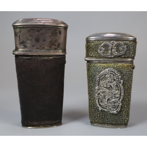 149 - Two early 19th century white metal and shagreen etui sets, both with assorted implements to the inte... 