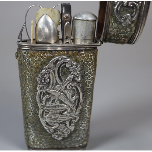 149 - Two early 19th century white metal and shagreen etui sets, both with assorted implements to the inte... 