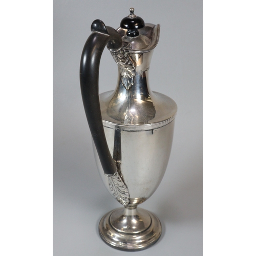 15 - George V silver ewer coffee pot with ebonised handle and finial in classical style. Chester hallmark... 