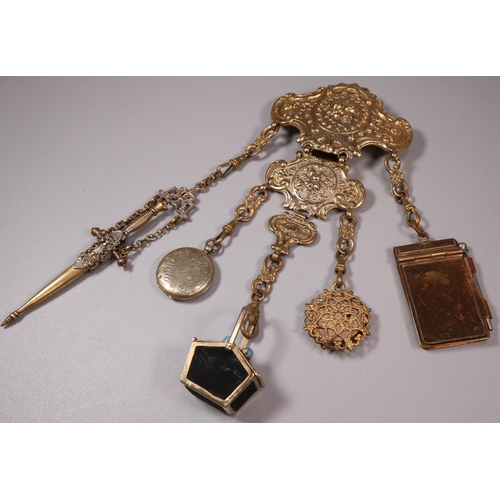 150 - 19th century ladies' brass chatelaine with five appendages to include: thimble holder with thimble, ... 