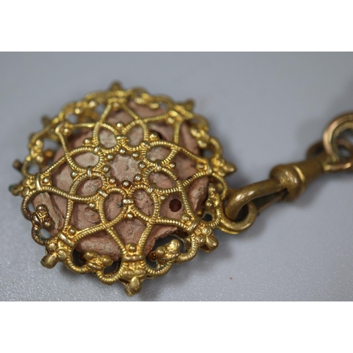 150 - 19th century ladies' brass chatelaine with five appendages to include: thimble holder with thimble, ... 