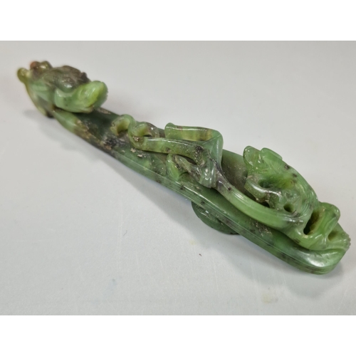 159 - Two finely carved Chinese Dragon and Chilong green and white hardstone belt hooks, each with the dra... 