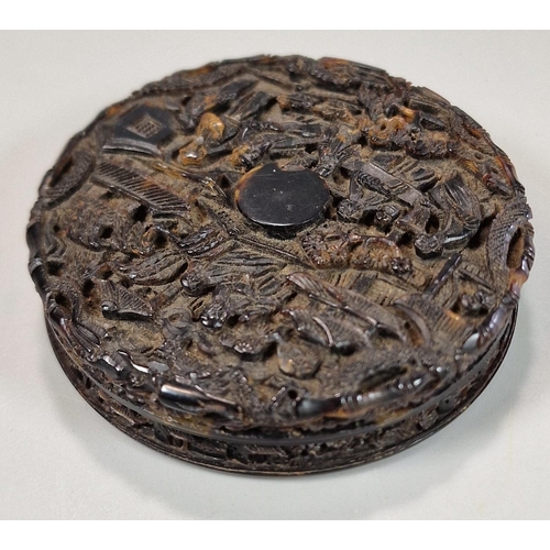 160 - Chinese export ornately and deeply carved tortoiseshell box of circular form depicting multiple figu... 