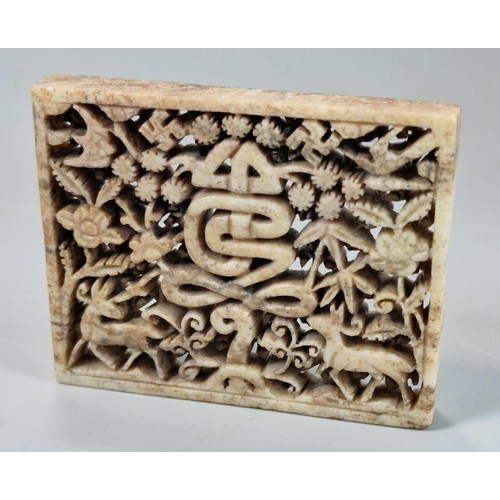 162 - Chinese deeply carved and reticulated off-white hardstone plaque, of rectangular form with a central... 