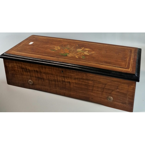 168 - Two 19th century Swiss musical boxes, each having inlaid decoration and strung outlines to the cover... 