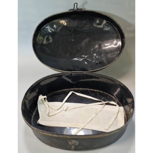 181 - Barrister wig in original tin box, together with black tricorn hat.  Tin box marked 