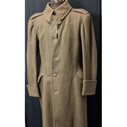 187 - British Army WW1 style greatcoat, heavy khaki wool with two lower pockets, soldier name stamped to t... 