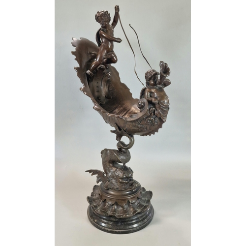 192 - After Emile Louis Picault, a late 19th century French Bronze centre piece of two winged cherubs with... 