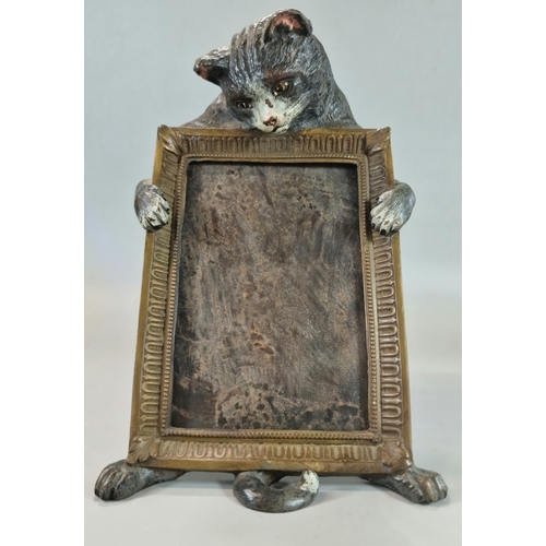 193 - Late 19th early 20th century cold painted Austrian bronze novelty cat easel photograph frame marked ... 