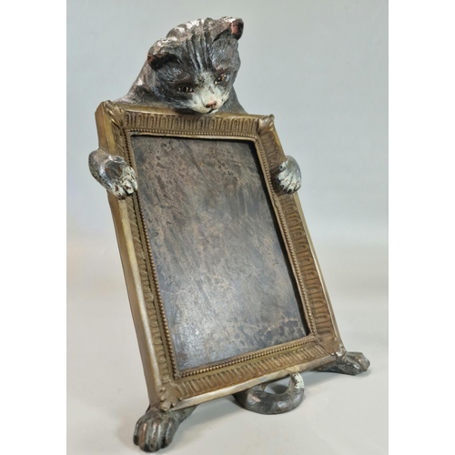 193 - Late 19th early 20th century cold painted Austrian bronze novelty cat easel photograph frame marked ... 