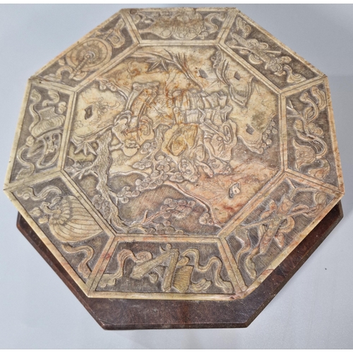 197 - Chinese carved and reticulated soap stone (steatite) stand, of octagonal form on a wooden base, the ... 