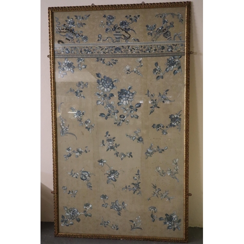 198 - Large Chinese embroidered panel, set in three separate panels of floral design in shades of blue sil... 