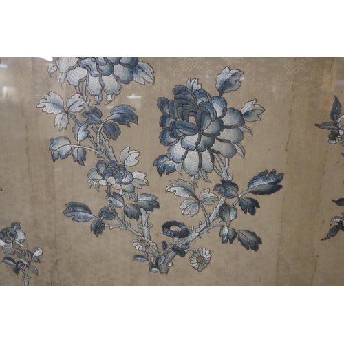 198 - Large Chinese embroidered panel, set in three separate panels of floral design in shades of blue sil... 