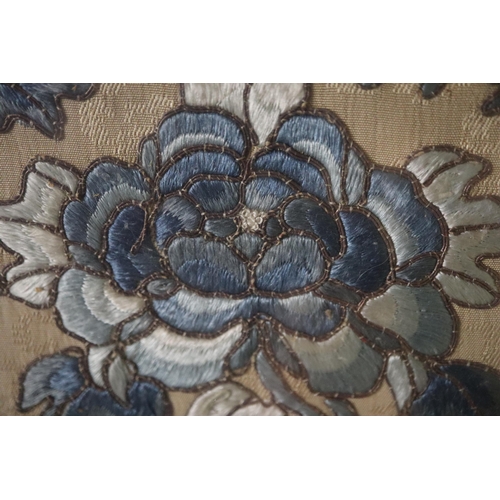 198 - Large Chinese embroidered panel, set in three separate panels of floral design in shades of blue sil... 