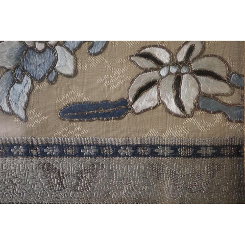 198 - Large Chinese embroidered panel, set in three separate panels of floral design in shades of blue sil... 