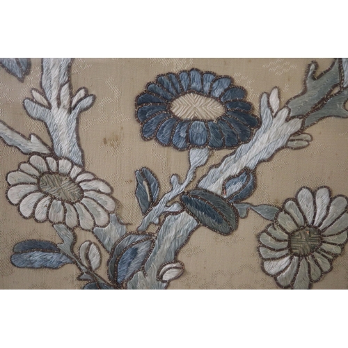 198 - Large Chinese embroidered panel, set in three separate panels of floral design in shades of blue sil... 