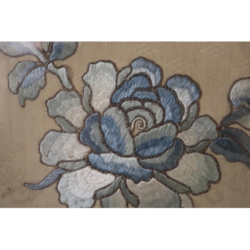 198 - Large Chinese embroidered panel, set in three separate panels of floral design in shades of blue sil... 