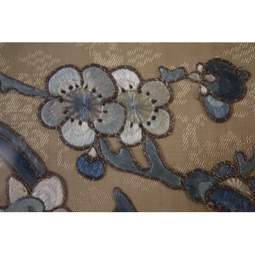 198 - Large Chinese embroidered panel, set in three separate panels of floral design in shades of blue sil... 