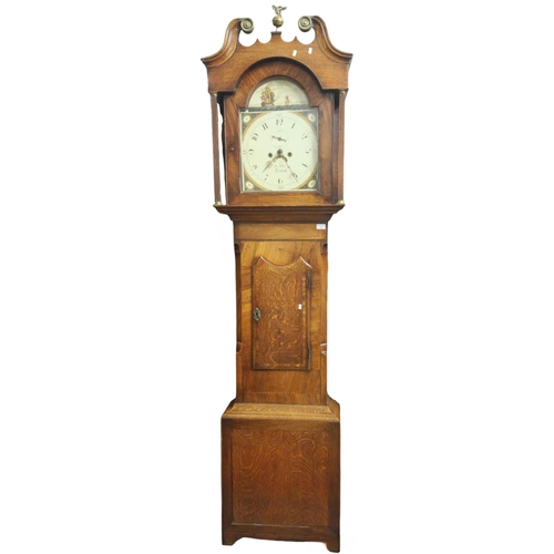 2 - 19th century eight day mahogany and oak long case clock, the hood with brass mounted broken swan nec... 