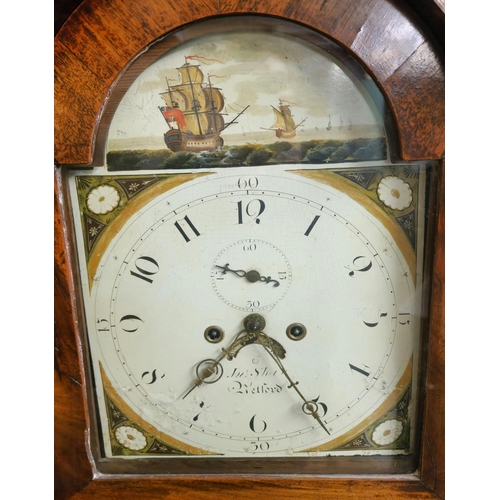 2 - 19th century eight day mahogany and oak long case clock, the hood with brass mounted broken swan nec... 