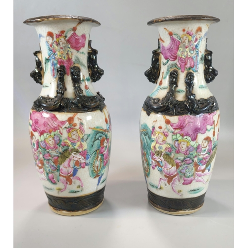 202 - Pair of Chinese porcelain crackle glaze Warrior vases with polychrome panels of horse-men and foot s... 