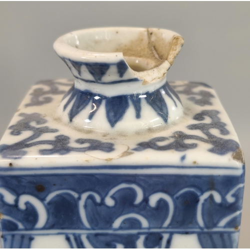 205 - Near pair of Oriental porcelain blue and white square section bottles, possibly Japanese Tokkuri Sak... 