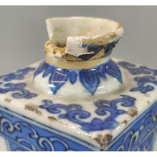 205 - Near pair of Oriental porcelain blue and white square section bottles, possibly Japanese Tokkuri Sak... 