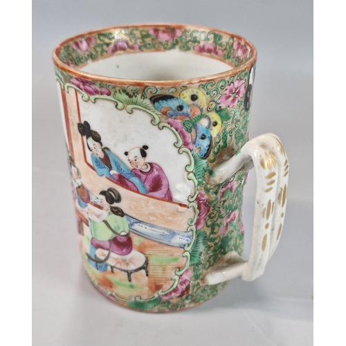 207 - Chinese export porcelain Canton Famille Rose straight sided mug with entwined handle decorated in tw... 