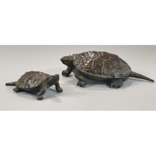 209 - Two Japanese bronze Okimono Turtles. Signed to the bases. One 10cm, the other 7cm approx. (2)  (B.P.... 