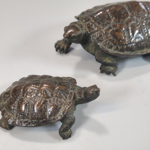 209 - Two Japanese bronze Okimono Turtles. Signed to the bases. One 10cm, the other 7cm approx. (2)  (B.P.... 