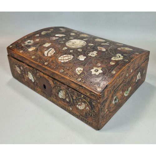 212 - Indo Persian domed topped hardwood box, overall with inlaid mother of pearl decoration and brass scr... 