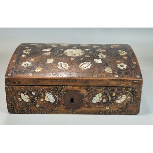 212 - Indo Persian domed topped hardwood box, overall with inlaid mother of pearl decoration and brass scr... 