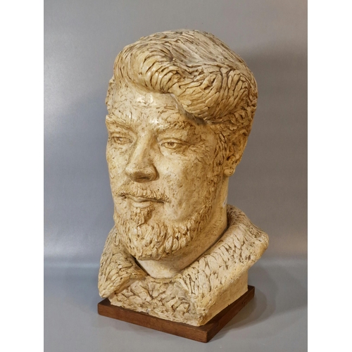 218 - Art Pottery bust of Hubert Nicholson 1908-1996, journalist, poet and novelist, on square wooden base... 