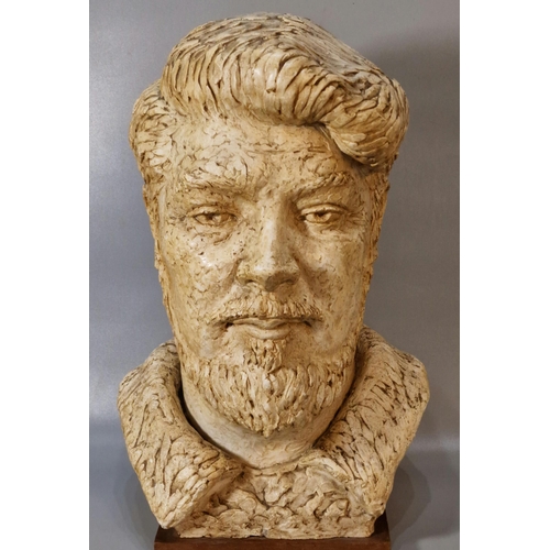 218 - Art Pottery bust of Hubert Nicholson 1908-1996, journalist, poet and novelist, on square wooden base... 