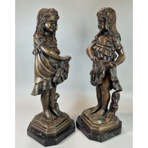 219 - After Lorenzo Bozzi, (Italian born 1864), two patinated bronze figures modelled as a young girl, bot... 