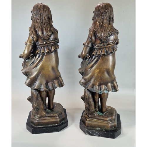 219 - After Lorenzo Bozzi, (Italian born 1864), two patinated bronze figures modelled as a young girl, bot... 