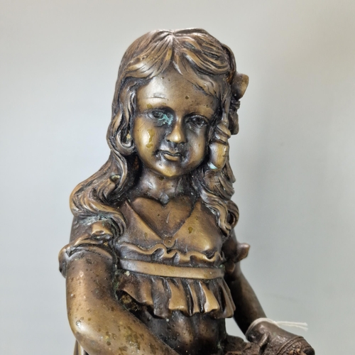 219 - After Lorenzo Bozzi, (Italian born 1864), two patinated bronze figures modelled as a young girl, bot... 