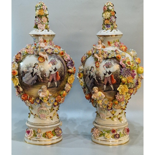 224 - Pair of modern Carl Thieme Potschapel twin handled vases and pierced covers with floral encrusted de... 