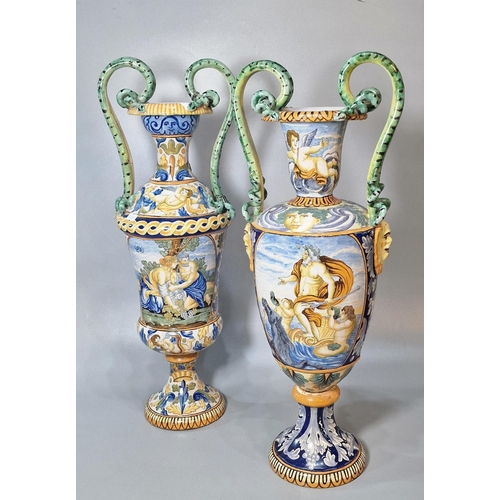 227 - Two similar Italian Majolica twin handled vases of classical form depicting classical and mythical f... 