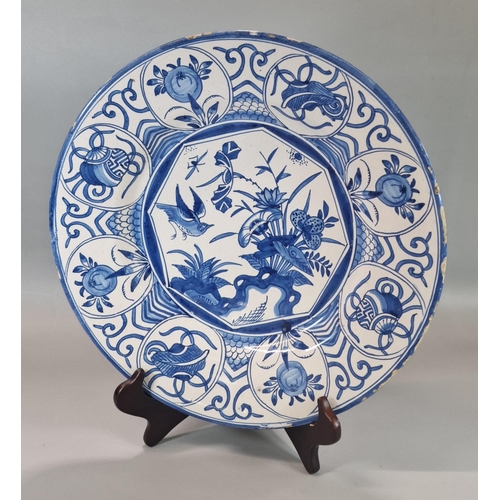 228 - 19th century Delft blue and white hand decorated tin glazed dish, overall decorated with birds among... 