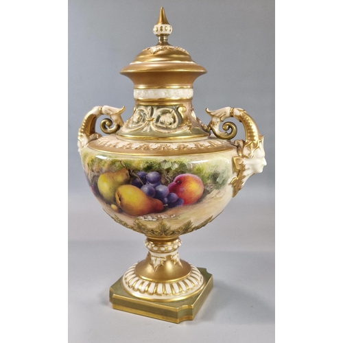 235 - Royal Worcester pedestal urn shaped two handled vase, hand-painted with fruits on a mossy background... 