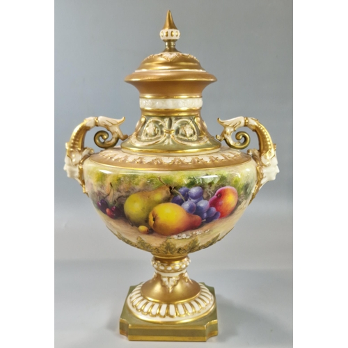 235 - Royal Worcester pedestal urn shaped two handled vase, hand-painted with fruits on a mossy background... 