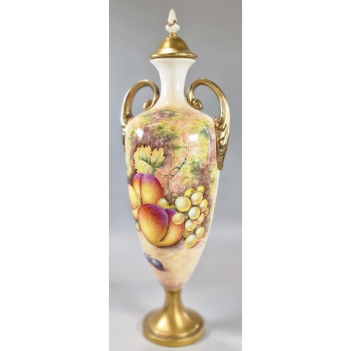 236 - Royal Worcester porcelain two handled vase, of ovoid form, hand-painted with fruit on a mossy backgr... 